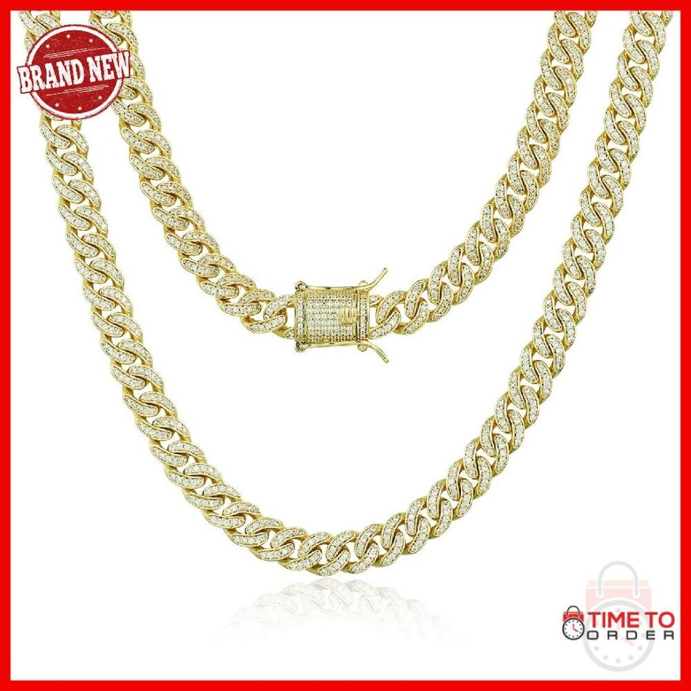 14K Gold Plated Cuban Link Chain Necklace 22" Iced Out CZ